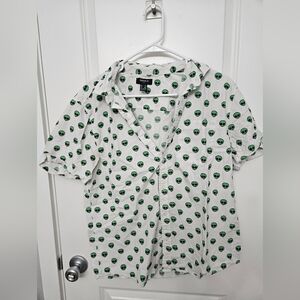 Forever 21 Green and White Alien Button Down Shirt Medium
